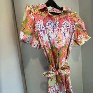 Her Destiny Floral Mini Dress L Puff Sleeve Belted Collared Button Front